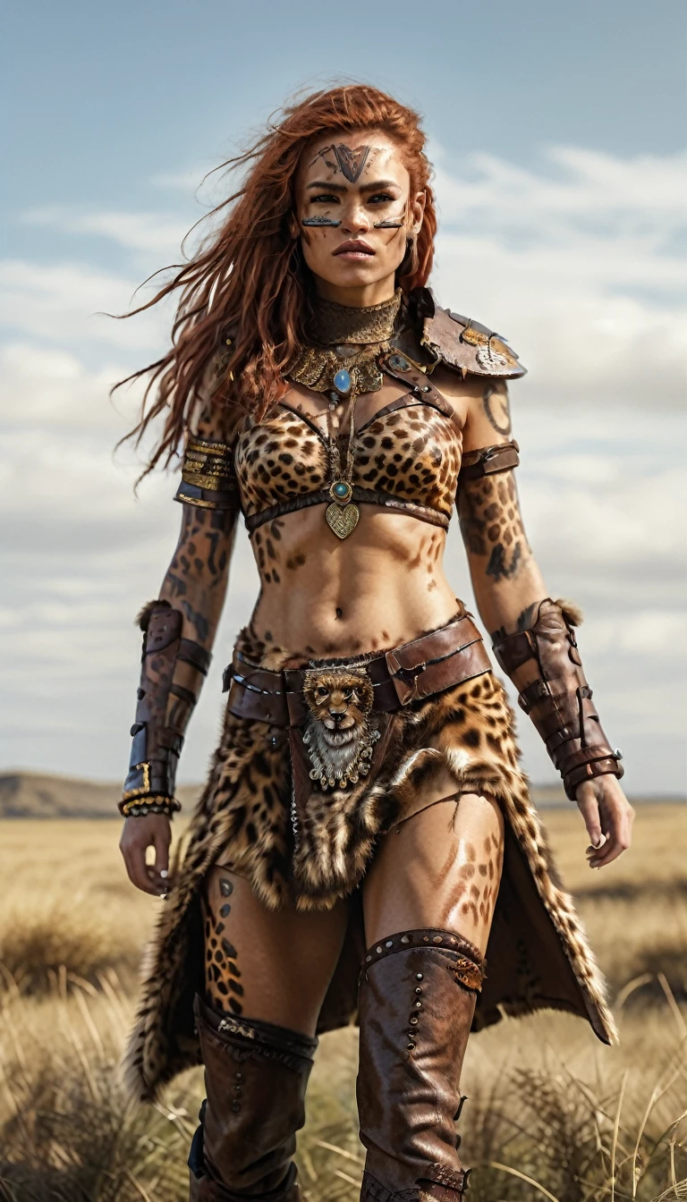 (best quality,ultra-detailed),(realistic:1.37), full body shot, scene:sexy muscled female barbarian,red long hair,sexy barbarian armor outfit, lots of cheetah fur details, six packs,detailed chetah fur tunic under armor, cheetah tattoo, scouting plain nearby on savana ,medium:oil painting,material:fine canvas,additional details:gorgeous golden accessories,jewelry, cheetah leather boots, cheetah fur coat ,art style:fantasy,colors:rich and vibrant,lighting:soft golden sunlight