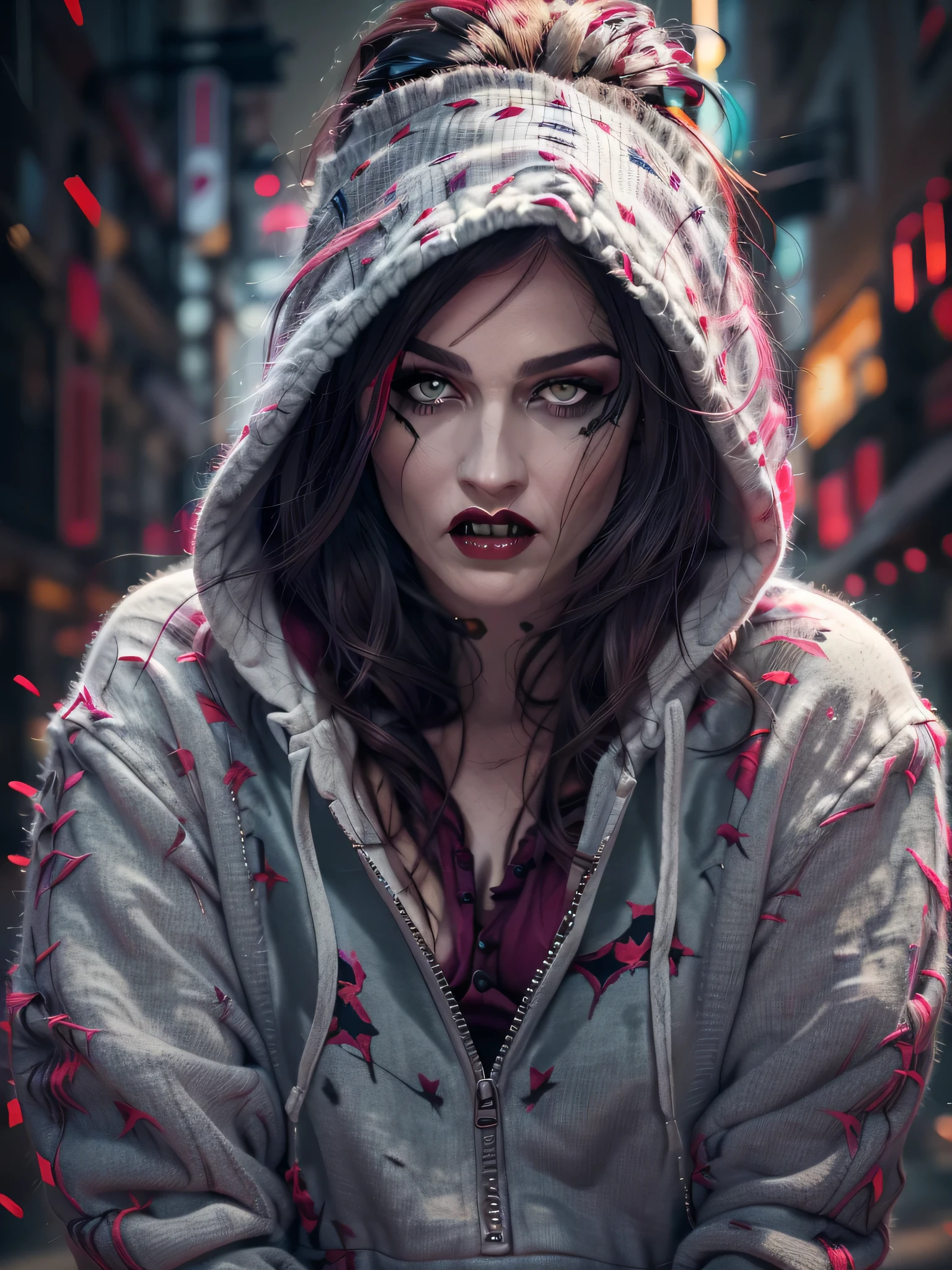 Create a hauntingly beautiful rebellious vampire girl with pale grey skin and deep red lips showing (2 vampire incisor fangs pressed against her bottom lip) wearing modern urban clothing (hoodie(plain, no print:1.5), crop-topshirt(plain, no print:1.5), hip-hop style). Envision her with the elegance reminiscent of a modern-day masterpiece, embodying both allure and strength. Picture her as a blend of a vampire with mesmerizing red eyes and (2 sharp fangs protruding from her mouth), akin to the allure of the night. Adorned in modern casual clothing, she emanates an aura of mysterious power. Her figure should dominate the artwork, depicted in a captivating stance as she locks eyes with the viewer, her crimson aura intertwining with the shadows that envelop her. Let her essence be defined by the ethereal fluidity of darkness, each detail meticulously crafted to convey the majesty of her vampiric prowess. Absurd resolution, top quality, and high detail are essential to capture the essence of this mesmerizing scene, 8K, full face:1.5, vibrant, powerful, (captivating eyes:1.2), captivating gaze, long hair, 1girl, (half body:1.3), insane details, (half-body:1.3), sexy, Realistic, RAW photo,(masterpiece:1.3), (best quality:1.3), official art, Super Detailed, High Detail, Soft Lighting, 8K, High Resolution, High Detail Skin, Perfect Skin, RAM Photo, Real Photo, R1873T