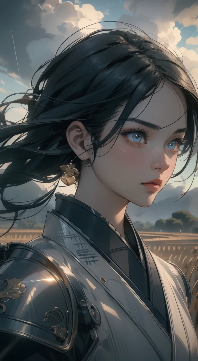 samurai girl, 1 girl, beautiful detailed eyes, beautiful detailed lips, extremely detailed face and eyes, long eyelashes, samurai armor, ((japanese swords)), rural rice field road, rolling hills, cloudy sky, detailed environment, dramatic lighting, cinematic lighting, dramatic shadows, highly detailed, 8k, photorealistic, hyper detailed, masterpiece, vibrant colors, atmospheric, intricate details