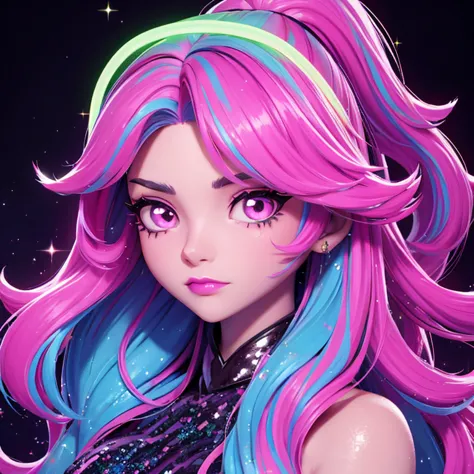 a portrait of a woman who looks very bored, glitter slime dripping from her face, she has long hair with colored streaks, neon l...
