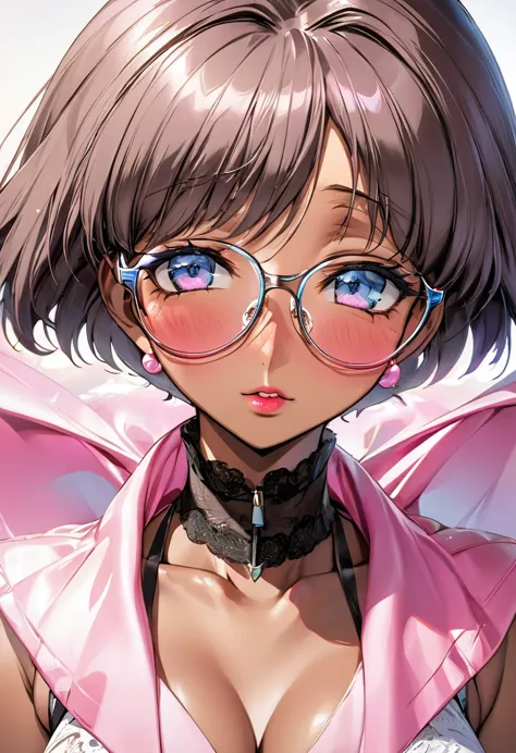 (masterpiece, best quality:1.2), ,1 girl, solo，（（（eyes are very fragile）））radiant skin，dark skin，wear glasses，pink lips