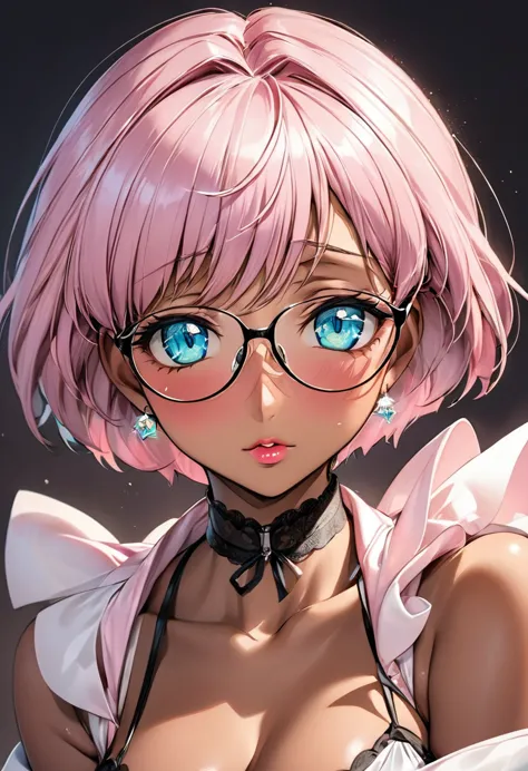 (masterpiece, best quality:1.2), ,1 girl, solo，（（（eyes are very fragile）））radiant skin，dark skin，wear glasses，pink lips