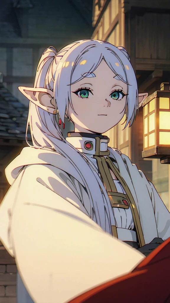 A young elf girl in realistic portrait of high quality and detail, Frieren (Sousou no Frieren), movie style, peacefull atmosphere, pale skin, glow, eye shadow, 1girl, fantasy, Depth & Perspective, happy smile on her face, A  elf girl with green eyes, thick eyebrows and long white hair parted in the middle and braided into two high pigtails. She has large pointed elf ears, Mystical powers, red armor, fine face, hair flying in the wind, wearing a brown mink coat against the backdrop of the evening city, lantern lights, metropolis street, evening, snowfall, winter, black leather gloves, looking at viewer, (ultra-high detail:1.2), Masterpiece, Best Quality, Ultra-detailed, Cinematic lighting, 8K, delicate features, cinematic, 35 mm lens, f/1.9, highlight lighting, global lighting –uplight –v 4, Cinematic lighting, 8K, high quality, Highest Quality, (Solo Focus), (extremly intricate:1.3), (Realistic), masterful, Analog style, (Film grain:1.5), (cold tone),