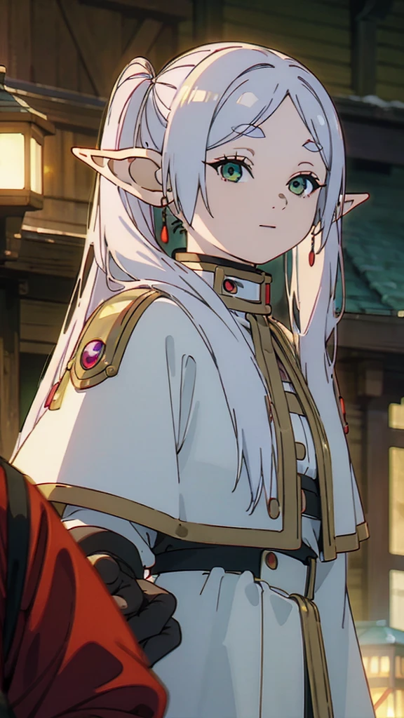 A young elf girl in realistic portrait of high quality and detail, Frieren (Sousou no Frieren), movie style, peacefull atmosphere, pale skin, glow, eye shadow, 1girl, fantasy, Depth & Perspective, happy smile on her face, A petite elf girl with green eyes, thick eyebrows and long white hair parted in the middle and braided into two high pigtails. She has large pointed elf ears, Mystical powers, red armor, fine face, hair flying in the wind, wearing a brown mink coat against the backdrop of the evening city, lantern lights, metropolis street, evening, snowfall, winter, black leather gloves, looking at viewer, (ultra-high detail:1.2), Masterpiece, Best Quality, Ultra-detailed, Cinematic lighting, 8K, delicate features, cinematic, 35 mm lens, f/1.9, highlight lighting, global lighting –uplight –v 4, Cinematic lighting, 8K, high quality, Highest Quality, (Solo Focus), (extremly intricate:1.3), (Realistic), masterful, Analog style, (Film grain:1.5), (cold tone),