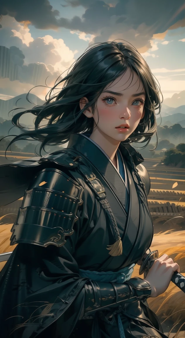 samurai girl, 1 girl, beautiful detailed eyes, beautiful detailed lips, extremely detailed face and eyes, long eyelashes, samurai armor, ((japanese swords)), rural rice field road, rolling hills, cloudy sky, detailed environment, dramatic lighting, cinematic lighting, dramatic shadows, highly detailed, 8K, photorealistic, hyper detailed, masterpiece, vibrant colors, atmospheric, intricate details,Photograph the whole body