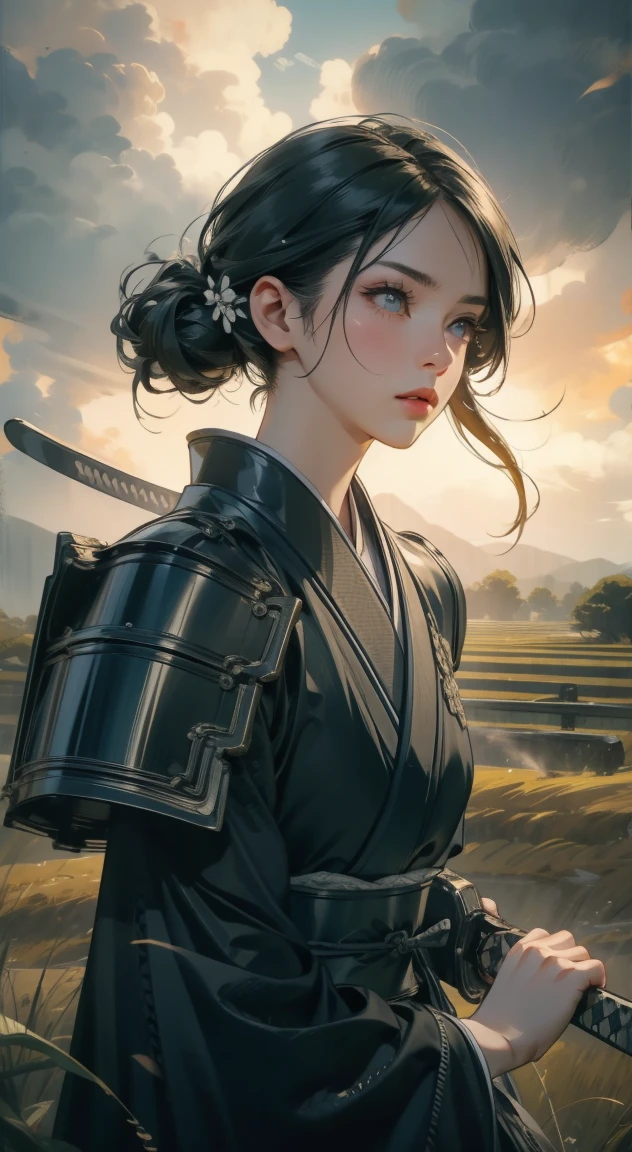 samurai girl, 1 girl, beautiful detailed eyes, beautiful detailed lips, extremely detailed face and eyes, long eyelashes, samurai armor, ((japanese swords)), rural rice field road, rolling hills, cloudy sky, detailed environment, dramatic lighting, cinematic lighting, dramatic shadows, highly detailed, 8K, photorealistic, hyper detailed, masterpiece, vibrant colors, atmospheric, intricate details,Photograph the whole body