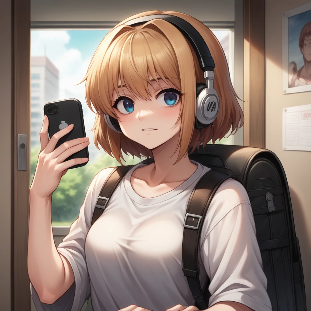 anime girl with headphones and backpack looking at a cell phone, anime style 4 k, alice x. zhang, digital anime art, nightcore, digital anime illustration, anime styled digital art, anime art wallpaper 4k, anime art wallpaper 4 k, anime artstyle, anime digital art, anime style artwork, anime style. 8k, detailed digital anime art