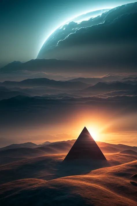 A sacred triangle glowing with ethereal light, suspended in a serene sky filled with majestic clouds. The scene contrasts light ...