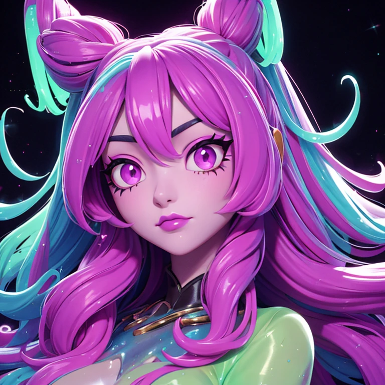 um retrato de uma mulher que parece muito entediada, lodo brilhante escorrendo do rosto dela, ela tem cabelo comprido com mechas coloridas, Batom neon