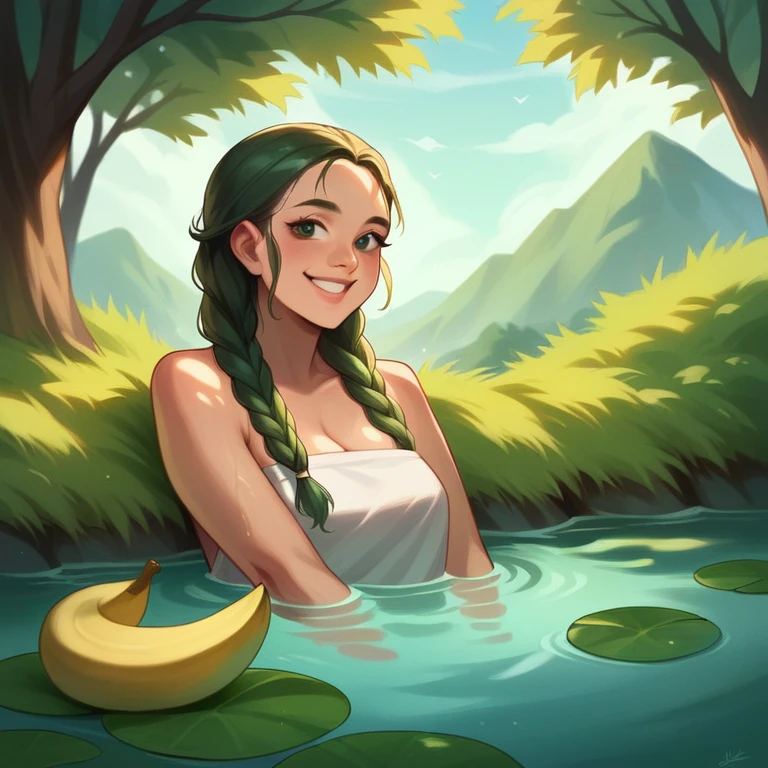 
一名30歲的印尼本土男子和一名25歲的美麗的兩根辮子印尼女子一起在河裡洗澡，同時在池塘裡泡著, 女人臉上的表情是微笑的，池塘的背景是一片種有香蕉樹的稻田, 清晰的全高清逼真 16k 攝影選項
