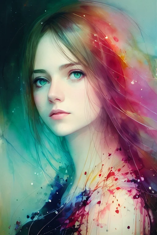 uma mulher de Agnes Cecile, design luminoso, cores pastel, gotas de tinta, luzes de outono