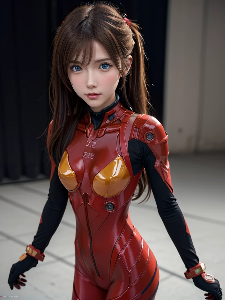 ((Best quality)), ((Masterpiece)), (Details: 1.4), 3D, Asuka Langley Soryu, Asuka, high resolution (high dynamic range), ray tracing, NVIDIA, super resolution, Unreal 5, subsurface scattering ,PBR texturing, post-processing, anisotropic filtering, depth of field, maximum sharpness and sharpness, multi-layered textures, albedo and specular maps, surface shading, accurate simulation of light and matter interaction, perfect proportions ,Octane Rendering,Two-Tone Lighting,Wide Aperture,Low ISO,White Balance,Rule of Thirds,8K RAW,(Masterpiece: 1.4, Best Quality), (Intricate Details), Unity8k Wallpaper, Highly Detailed, Beautiful and Mysterious, Details background, realistic, alone, perfectly detailed face, detailed blue eyes, highly detailed, blush, hair ornament, chignon mahogany hair, (blonde), plug suit 02, Shikinami Asuka Langley, Evangelion, Slender 15-year-old girl, full body suit, black background, above the waist,composition that shows the whole body,