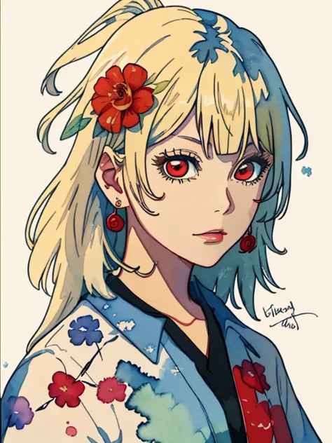 (watercolor:1.2),1girl, solo, flower, portrait, leaf, bangs, signature, blonde, long hair, red eyes, flower earrings