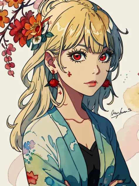 (watercolor:1.2),1girl, solo, flower, portrait, leaf, bangs, signature, blonde, long hair, red eyes, flower earrings