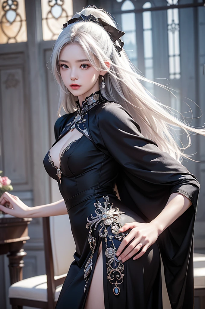 ((masterpiece:1.5,Highest quality,Highly detailed images,Beautiful images、Realistic、Photorealistic、2.5D))(1girl, 独奏)(medium breasts, white hair, black eyes, Healthy legs、Tight ass、Beautiful cleavage)(Fantasy dresses、Fantasy Clothes、Battle Dress from Another World、Deep slit)(wind, floating hair)(Inside the castle、Audience Chamber）
