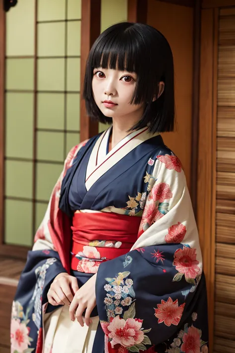 Highest quality、Masterpiece、Highest detail、Japanese Yokai、Bob-haired beautiful girl、A simple thin kimono with a red ruffled ches...