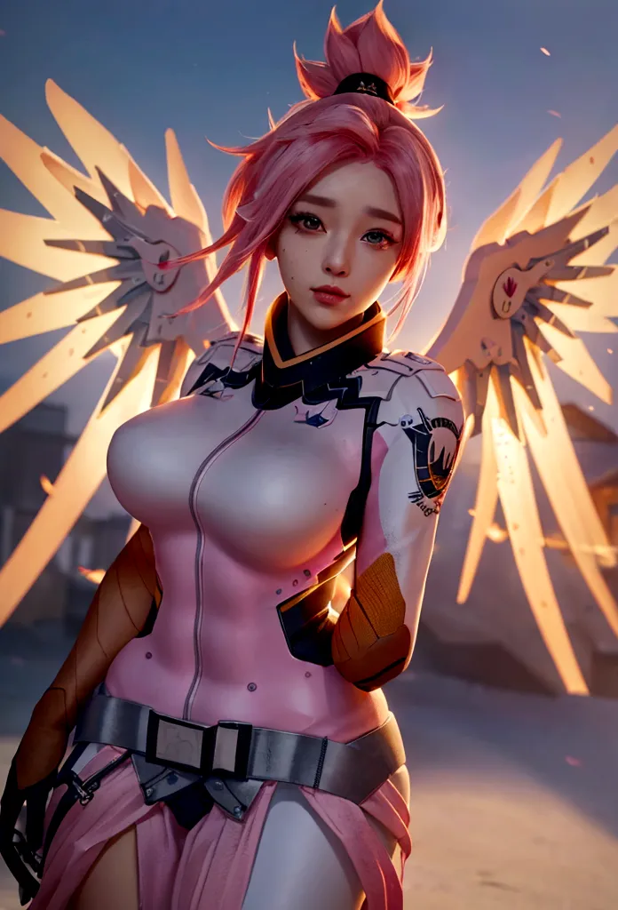 A girl with pink hair, medium breasts, 160 cm tall, a little chubby, wings, Overwatch team member, hyper detailed face, intricat...