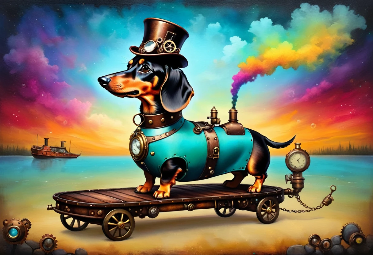 [front view] funny flyer Dachshund  stimpunk ( stile by Andy-Kehoe), very colorful, ((oil painting palette knife)), ((masterpiece)), extreme detail, perspective, 8k