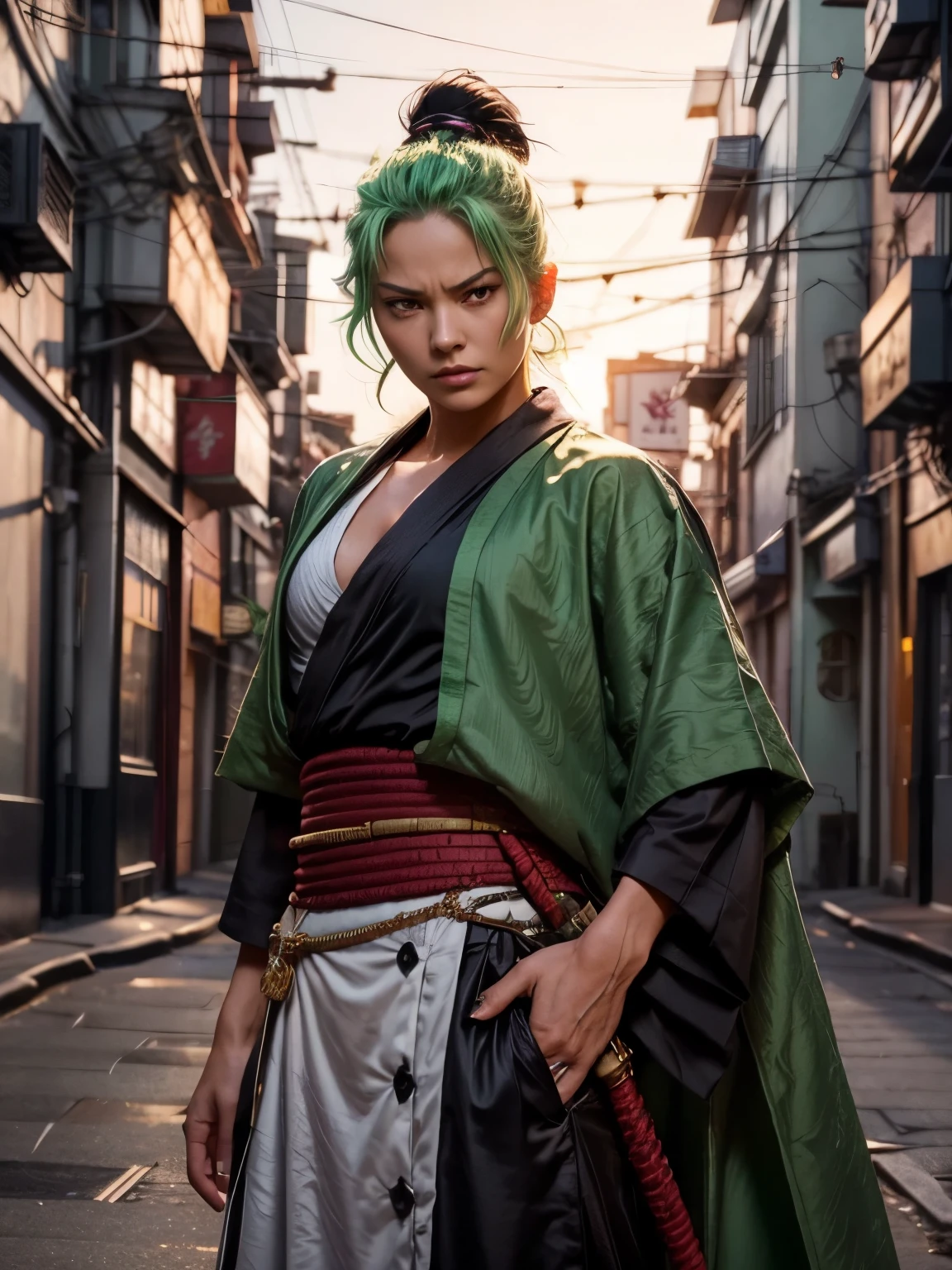 Erstellen Sie ein realistisches Bild von Roronoa Zoro aus One Piece als Frau. Sie sollte grüne Haare haben, die wie Zoro gestylt sind, mit einem selbstbewussten und grimmigen Ausdruck. Kleiden Sie sie in ein modernes Outfit mit einer grünen Schärpe und Elementen traditioneller Samurai-Kleidung. Sie sollte einen muskulösen Körperbau und drei Katanas haben, eine in ihrer Hand und zwei an ihrer Taille. Der Hintergrund sollte eine moderne Stadtlandschaft mit traditionellen japanischen Elementen verbinden.. Verwenden Sie dramatische Beleuchtung und Schattierung, um ihre intensive Persönlichkeit einzufangen.