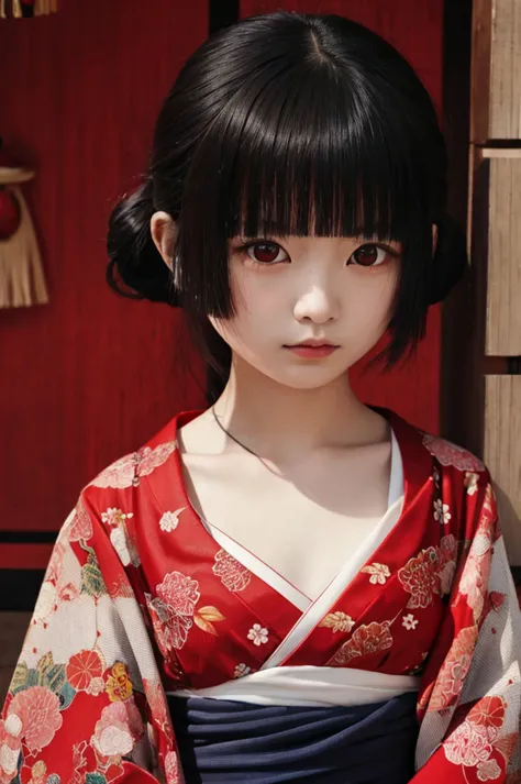 Highest quality、Masterpiece、Highest detail、Japanese Yokai、Red moonlight shrine、Bob-haired beautiful girl、A simple thin kimono wi...