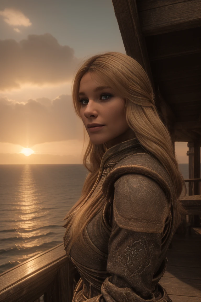 closeup shot of a stunning female Breton maiden stands poised on the weathered deck of a majestic ship at sunset in Skyrim. Her porcelain skin glows softly, illuminated by the warm rays of the rising sun. Delicate features and raven tresses frame her enigmatic smile as she gazes out to sea, the wind gently tousling her locks, blonde hair,female breton