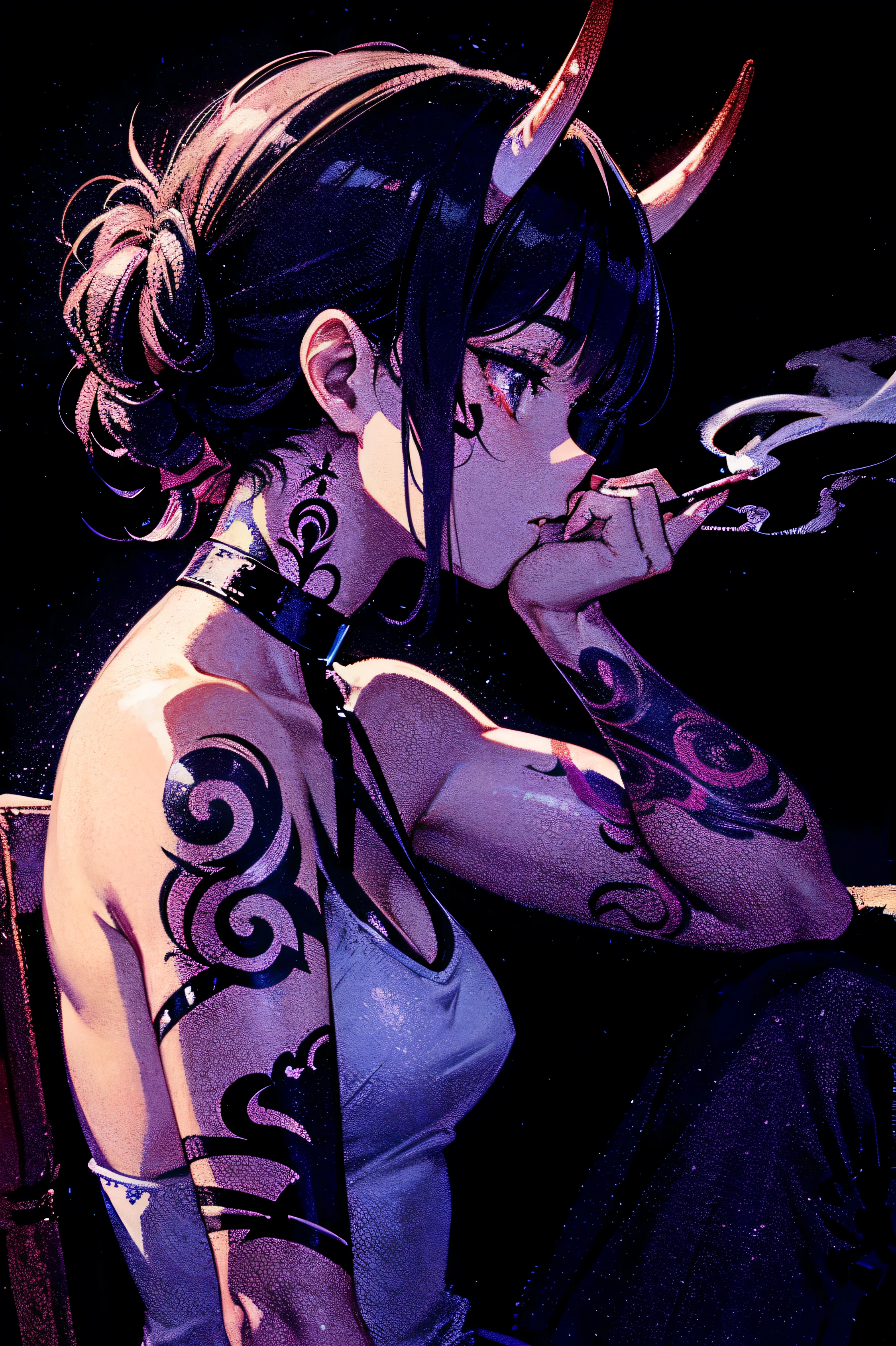 Best quality, masterpiece, A young yakuza girl with small horns with a tattooed face, tattooed shoulders and tattooed arms is sitting in profile and smoking in neon light room