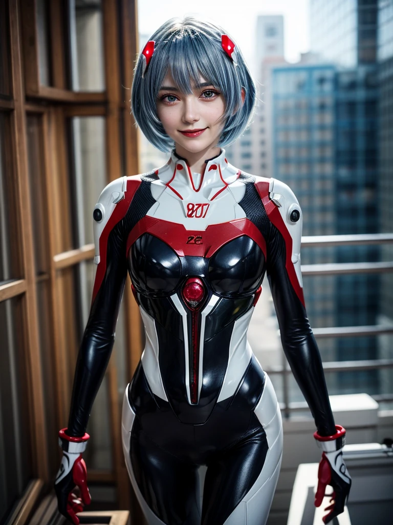 Masterpiece, highest quality, 8K, detailed skin texture, fine cloth texture, beautiful detailed face, intricate details, super detailed, portrait of Rei Ayanami, blue hair, red eyes, looking far away, no background, Evangelion Wearing a plug suit when riding, plug suit, whole body visible, standing, arms crossed, 15 years old, beautiful, cute, great style, smiling,composition that shows the whole body,