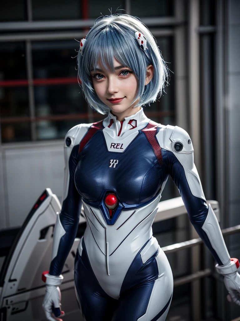 Masterpiece, highest quality, 8K, detailed skin texture, fine cloth texture, beautiful detailed face, intricate details, super detailed, portrait of Rei Ayanami, blue hair, red eyes, looking far away, no background, Evangelion Wearing a plug suit when riding, plug suit, whole body visible, standing, arms crossed, 15 years old, beautiful, cute, great style, smiling,composition that shows the whole body,