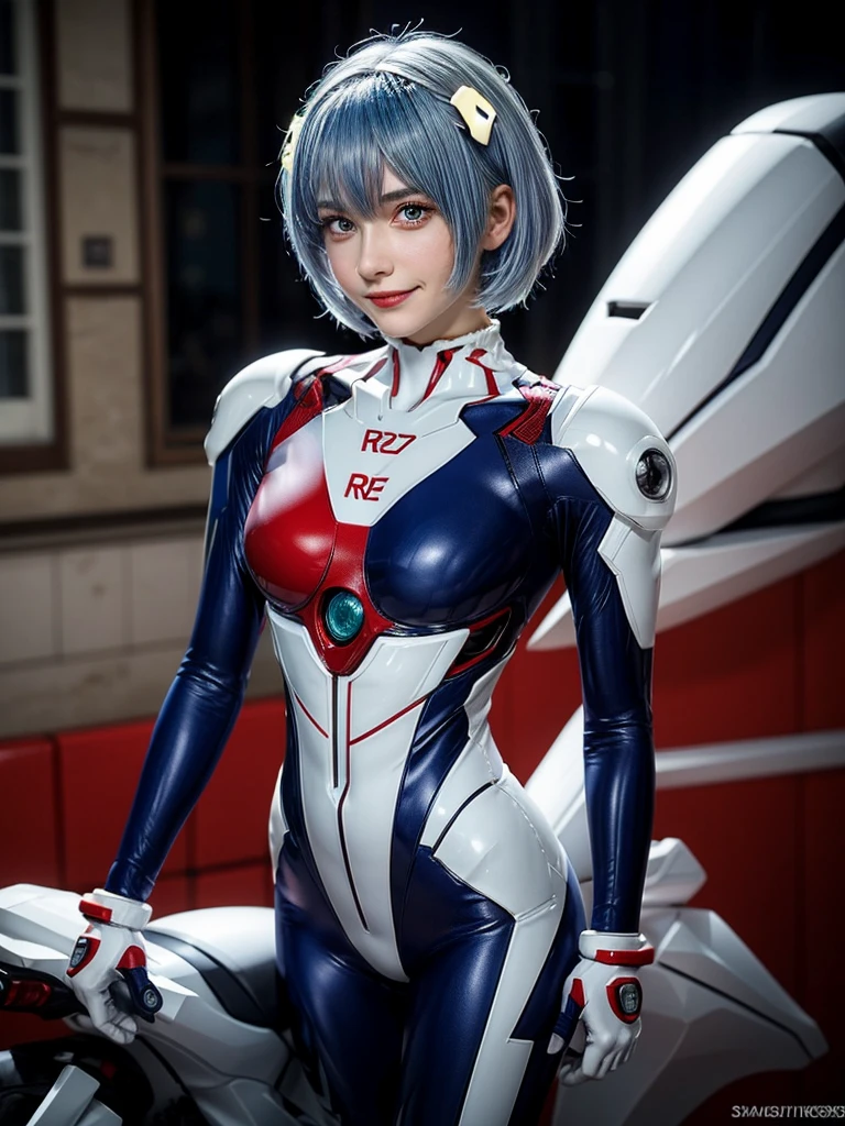 Masterpiece, highest quality, 8K, detailed skin texture, fine cloth texture, beautiful detailed face, intricate details, super detailed, portrait of Rei Ayanami, blue hair, red eyes, looking far away, no background, Evangelion Wearing a plug suit when riding, plug suit, whole body visible, standing, arms crossed, 15 years old, beautiful, cute, great style, smiling,composition that shows the whole body,