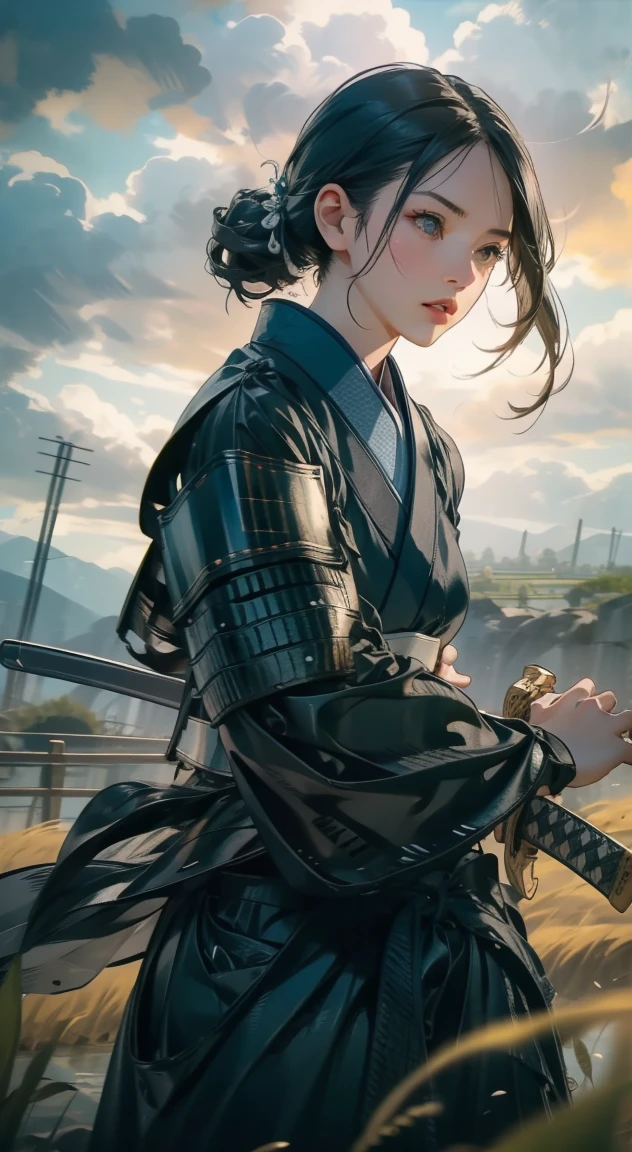 samurai girl, 1 girl, beautiful detailed eyes, beautiful detailed lips, extremely detailed face and eyes, long eyelashes, samurai armor, ((japanese swords)), rural rice field road, rolling hills, cloudy sky, detailed environment, dramatic lighting, cinematic lighting, dramatic shadows, highly detailed, 8K, photorealistic, hyper detailed, masterpiece, vibrant colors, atmospheric, intricate details,Photograph the whole body、泥で汚れた顔