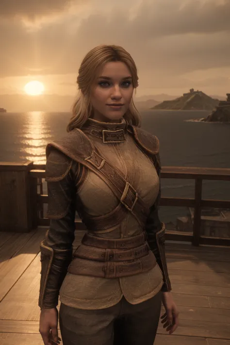 stunning female Breton maiden stands poised on the weathered deck of a majestic ship at sunset in Skyrim. Her porcelain skin glo...