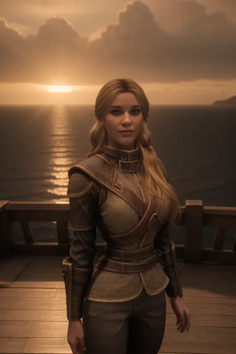 stunning female Breton maiden stands poised on the weathered deck of a majestic ship at sunset in Skyrim. Her porcelain skin glo...