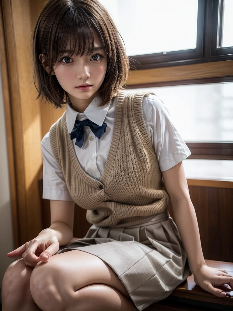 Masterpiece, Top Quality, Top Mikoto, brown eyes, short hair, small breasts, looking at viewer, alone, closed mouth, collared shirt, beige knit vest, dark blue  Skirt, school_uniform, shirt, white_shirt, classroom,Masterpiece, highest quality, 8K, detailed skin texture, fine cloth texture, beautiful detailed face, intricate details, super detailed,cute,cute posing,composition that shows the whole body,