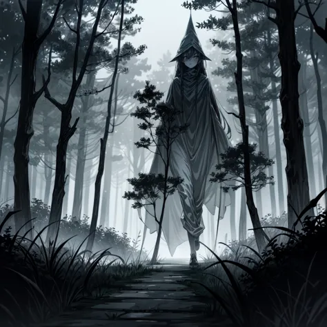 (walk late at night), (through the haunted forest), (with a menacing ghostly figure in the distance), very detailed, high qualit...