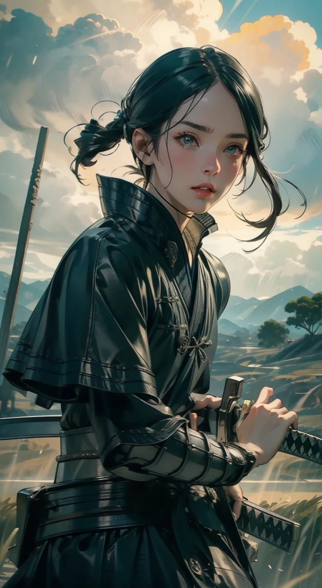 samurai girl, 1 girl, beautiful detailed eyes, beautiful detailed lips, extremely detailed face and eyes, long eyelashes, samurai armor, ((japanese swords)), rural rice field road, rolling hills, cloudy sky, detailed environment, dramatic lighting, cinematic lighting, dramatic shadows, highly detailed, 8K, photorealistic, hyper detailed, masterpiece, vibrant colors, atmospheric, intricate details,Photograph the whole body、A face dirty with mud、Sekigahara
