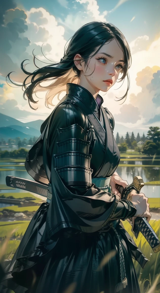 samurai girl, 1 girl, beautiful detailed eyes, beautiful detailed lips, extremely detailed face and eyes, long eyelashes, samurai armor, ((japanese swords)), rural rice field road, rolling hills, cloudy sky, detailed environment, dramatic lighting, cinematic lighting, dramatic shadows, highly detailed, 8K, photorealistic, hyper detailed, masterpiece, vibrant colors, atmospheric, intricate details,Photograph the whole body、A face dirty with mud、Sekigahara