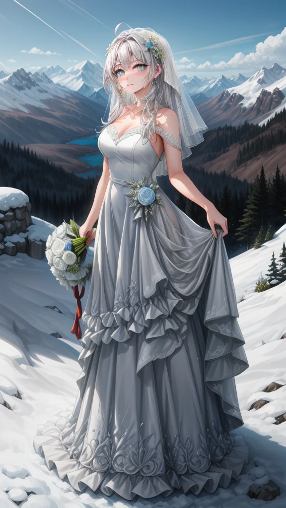 

(1girl), (masterpiece), (best quality), ((looking at the viewer)), ((full body)),((facing the viewer)), ((dress that shows off her figure)), ((White hair)), ((beautiful wedding dress))

In a serene alpine setting, atop a snow-capped mountain peak, a young woman stands gracefully. Her hair, as pure and white as freshly fallen snow, cascades down her shoulders in gentle waves. Her eyes, a striking shade of blue reminiscent of deep sapphires, reflect the clear, crisp sky above. She is adorned in an elegant, flowing white gown that flutters lightly in the mountain breeze, accentuating her slender figure. The morning sun bathes her in a soft, golden glow, highlighting the delicate features of her face - a serene expression that mirrors the tranquility of her surroundings. Her gaze is fixed upon the panoramic view of rugged valleys and distant peaks, a scene painted with pristine snow and lush greenery under the vast, unblemished sky.