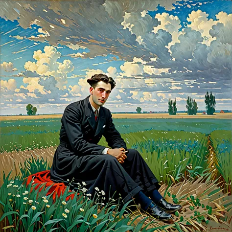 levine, konstantin dmitrievich sad and dreamy in a field