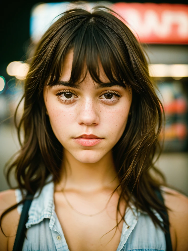 Close-up portrait photo of a young brunette woman taken at a convenience store during the night, low quality image, exhibiting a grainy texture, jpg artifacts, film grain, gritty, raw aesthetic