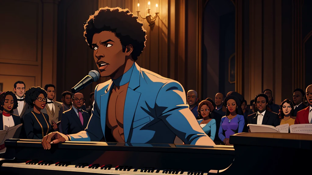 1970s tv show, African-American male r&b star named "Luther Diamond" playing piano while surrounded by a singing choir, cinematic action, masterpiece, super detail, textured skin, atmospheric perspective, 