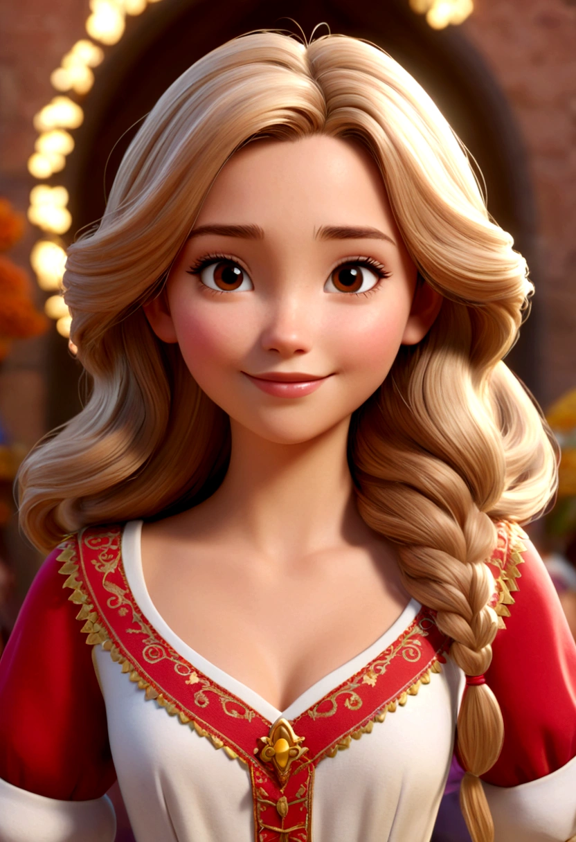 Generate a 3D model of a Disney character with light hair and brown eyes, wearing typical Saint John costumes, radiant and happy. The model must be detailed enough to support 16K resolution, capturing the character&#39;s joyful and vibrant essence.