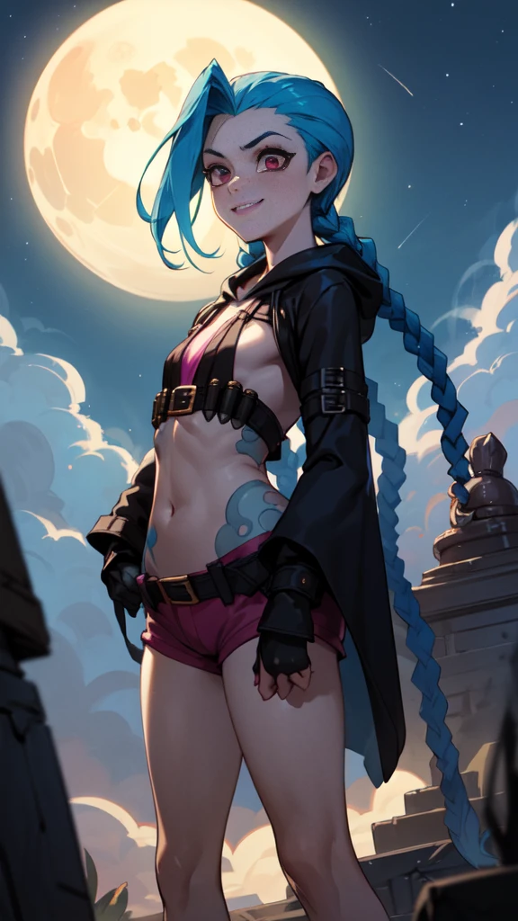 ((best qualityer)), ((highy detailed)), work of art, , (1 girl), (standing alone), dynamic pose, cowboy shot, (((very wide shot))), Jinx \(League of Legends\), hair blue, ((pretty long hair)), twin braids, pink eyes, tattoo's, breasts small, ssmile, ((hooded cloak, long sleeves)), gym shorts, (out, in a temple, natta, night sky, stele, fullmoon, Hurricane)