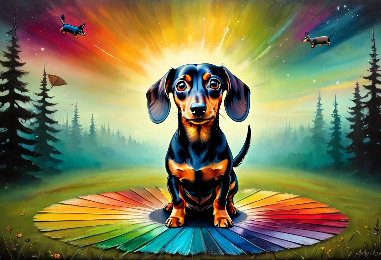 [front view] funny flyer Dachshund  stimpunk ( stile by Andy-Kehoe), very colorful, ((oil painting palette knife)), ((masterpiece)), extreme detail, perspective, 8k