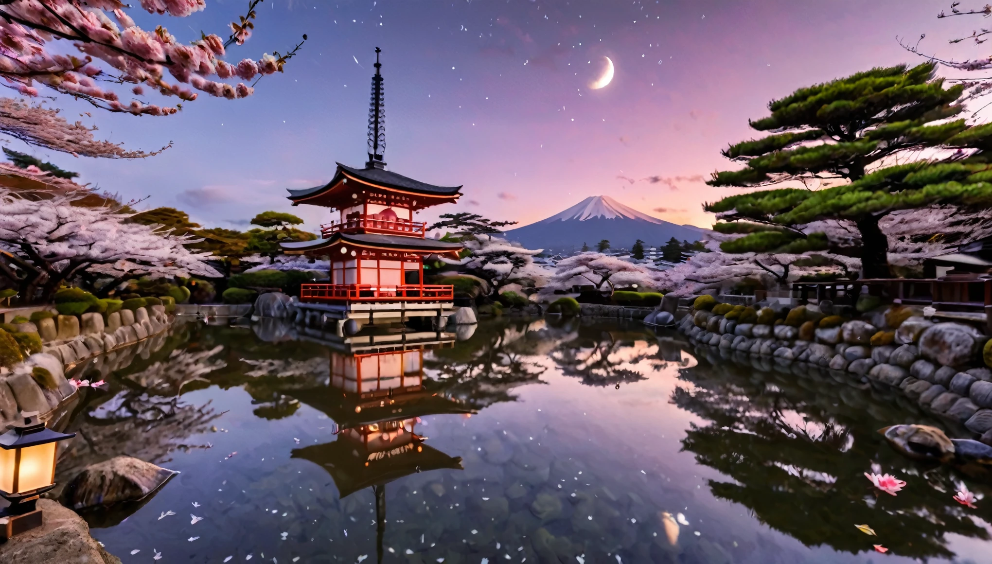 A beautiful Japanese sky at night, where the stars and moon cast a serene glow over a tranquil landscape. Traditional Japanese elements such as cherry blossoms, pagodas, and koi ponds are subtly integrated, reflecting in the water's surface. The sky is a tapestry of deep indigos and purples, with hints of pink from the setting sun. Lanterns float gently, adding a warm, inviting light. The scene is both peaceful and vibrant, capturing the essence of a magical night in Japan.