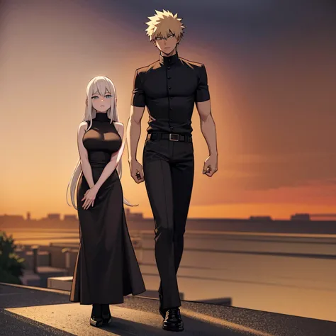 on a rooftop at dusk, katsuki bakugo stands tall in his black and orange hero costume. his spiky blond hair gently moves in the ...