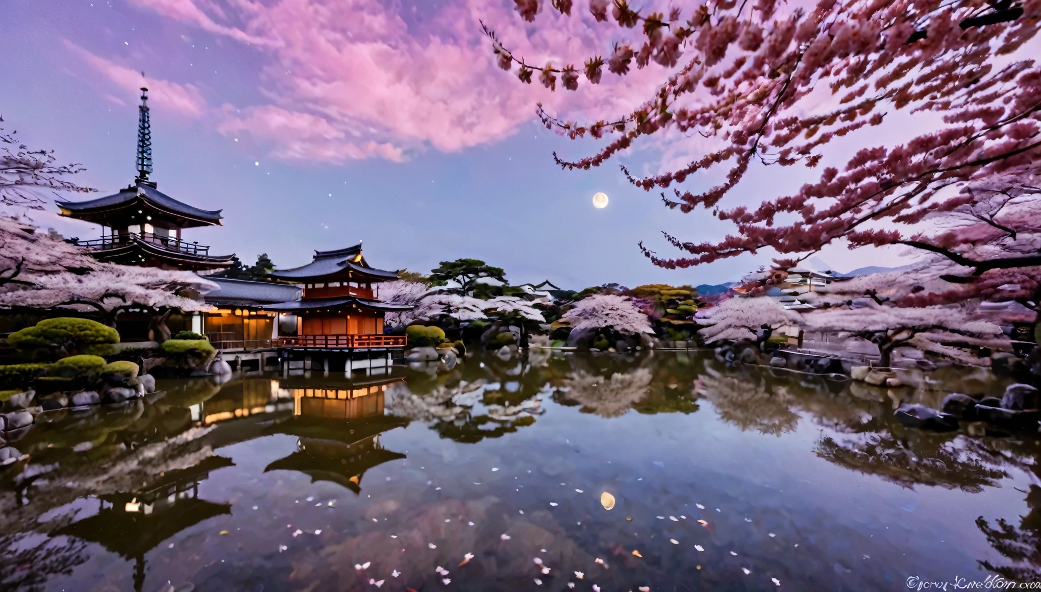 سماء يابانية جميلة في الليل, حيث تلقي النجوم والقمر وهجًا هادئًا على المناظر الطبيعية الهادئة. العناصر اليابانية التقليدية مثل أزهار الكرز, المعابد, وتم دمج برك كوي بمهارة, ينعكس على سطح الماء. السماء عبارة عن نسيج من الألوان النيلية والبنفسجية العميقة, مع لمحات من اللون الوردي من غروب الشمس. الفوانيس تطفو بلطف, إضافة دافئة, دعوة الضوء. المشهد هادئ وحيوي, التقاط جوهر ليلة سحرية في اليابان.