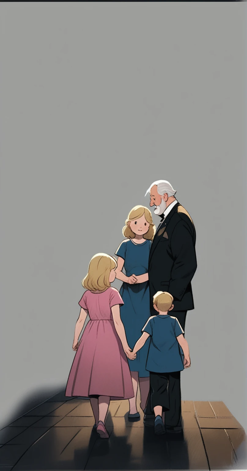 children's picture books, crayon paintings, blush, old fat man in suite and his blond wife black dress, and a 5 years old boy wearing blue t shirt and a black short, and an 8 years old girl wearing pink dress 