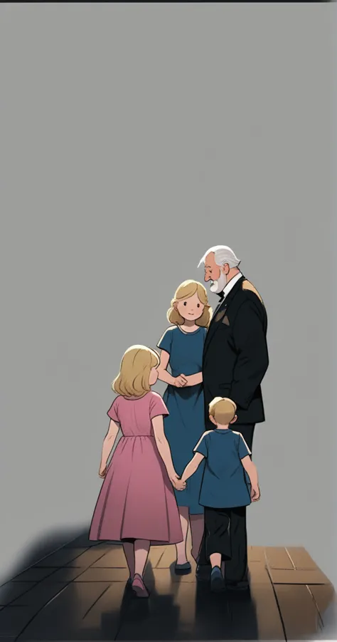 children's picture books, crayon paintings, blush, old fat man in suite and his blond wife black dress, and a 5 years old boy we...