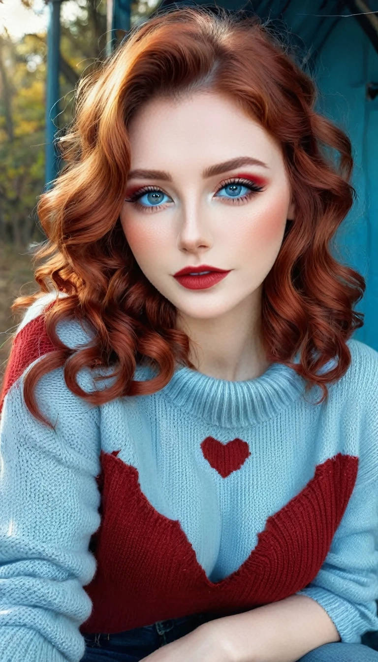 Belle femme de 20 ans, former un cœur avec ses doigts en guise de gratitude et d&#39;amour, regard coquette, lèvres libidineuses, (yeux bien détaillés, couleur bleu clair, avec du maquillage rouge cramoisi), (beau visage en nombre d&#39;or), cheveux roux ondulés mi-longs ), avec un pull décolleté, jean de camping déchiré bleu clair