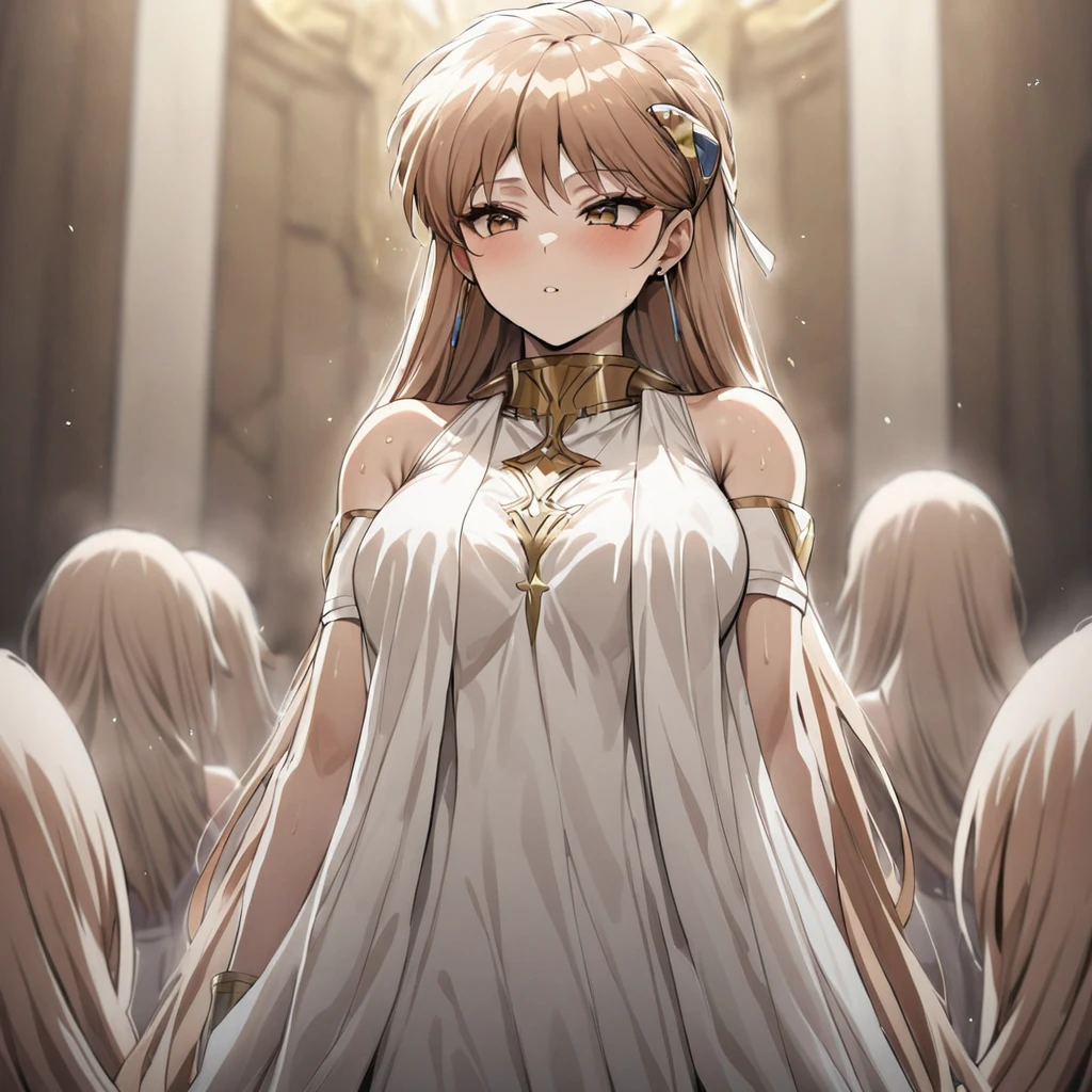 ((Highest quality)), ((masterpiece)), (detailed), （Perfect Face）、The woman is Princess Leona, a member of a mysterious religious organization with long, light brown hair, and is undergoing a baptism ceremony with other members from the cult leader.